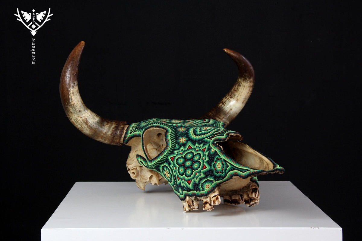 Cráneo de vaca Arte Huichol - Tuutú II - Arte Huichol - Marakame