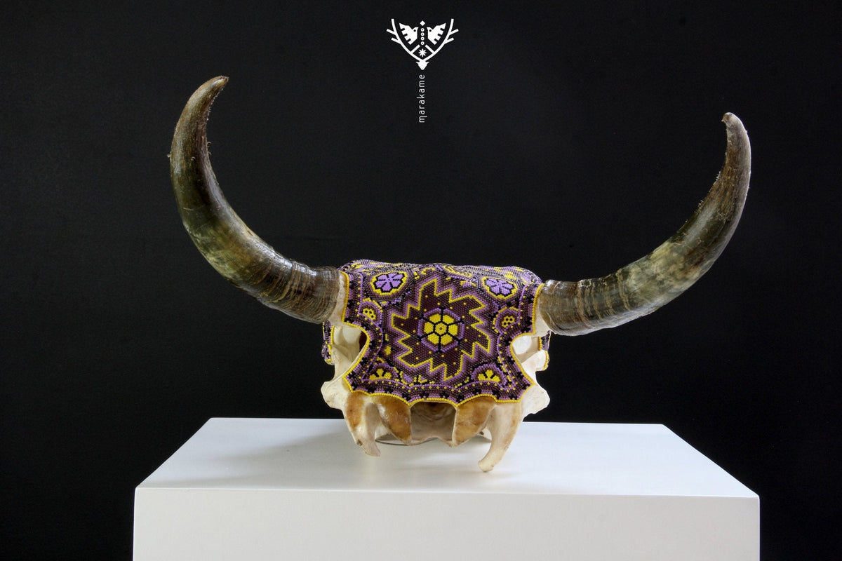 Cráneo de vaca Arte Huichol - Werika amarilla - Arte Huichol - Marakame