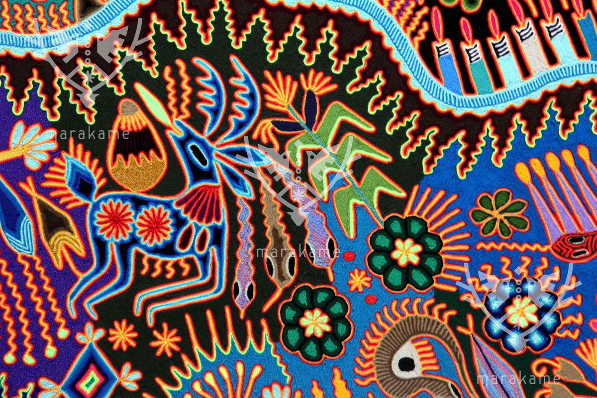 Nierika de Estambre Círculo Huichol - La magia de los peyotes - 120 cm. - Arte Huichol - Marakame