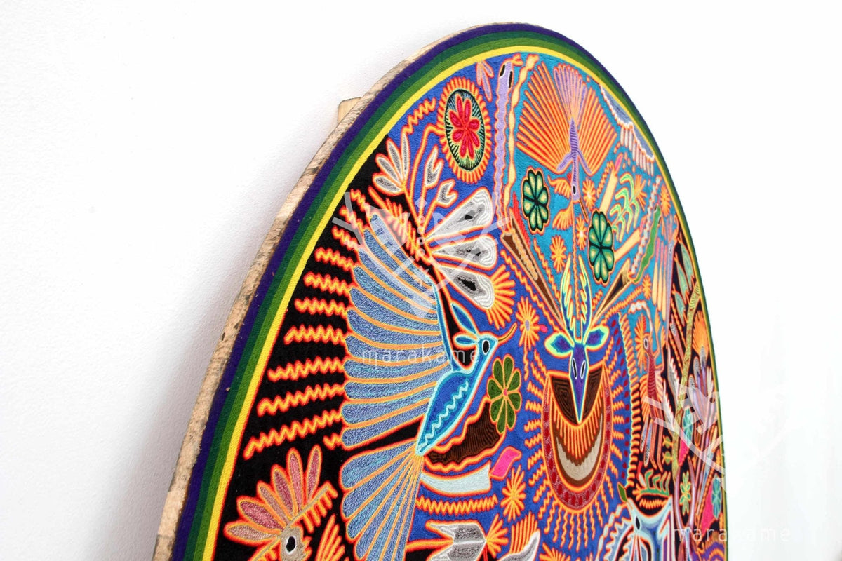 Nierika de Estambre Círculo Huichol - Nacimiento del Venado - 120 cm. de diámetro - Arte Huichol - Marakame