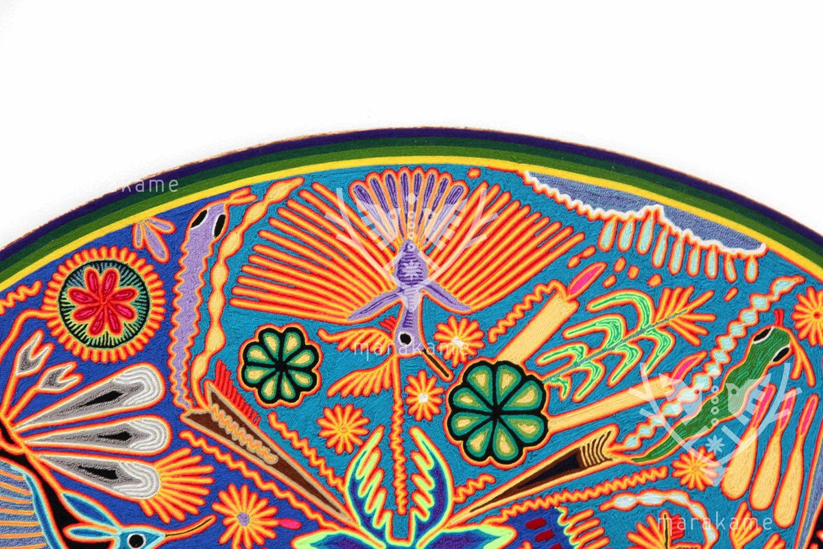 Nierika de Estambre Círculo Huichol - Nacimiento del Venado - 120 cm. de diámetro - Arte Huichol - Marakame