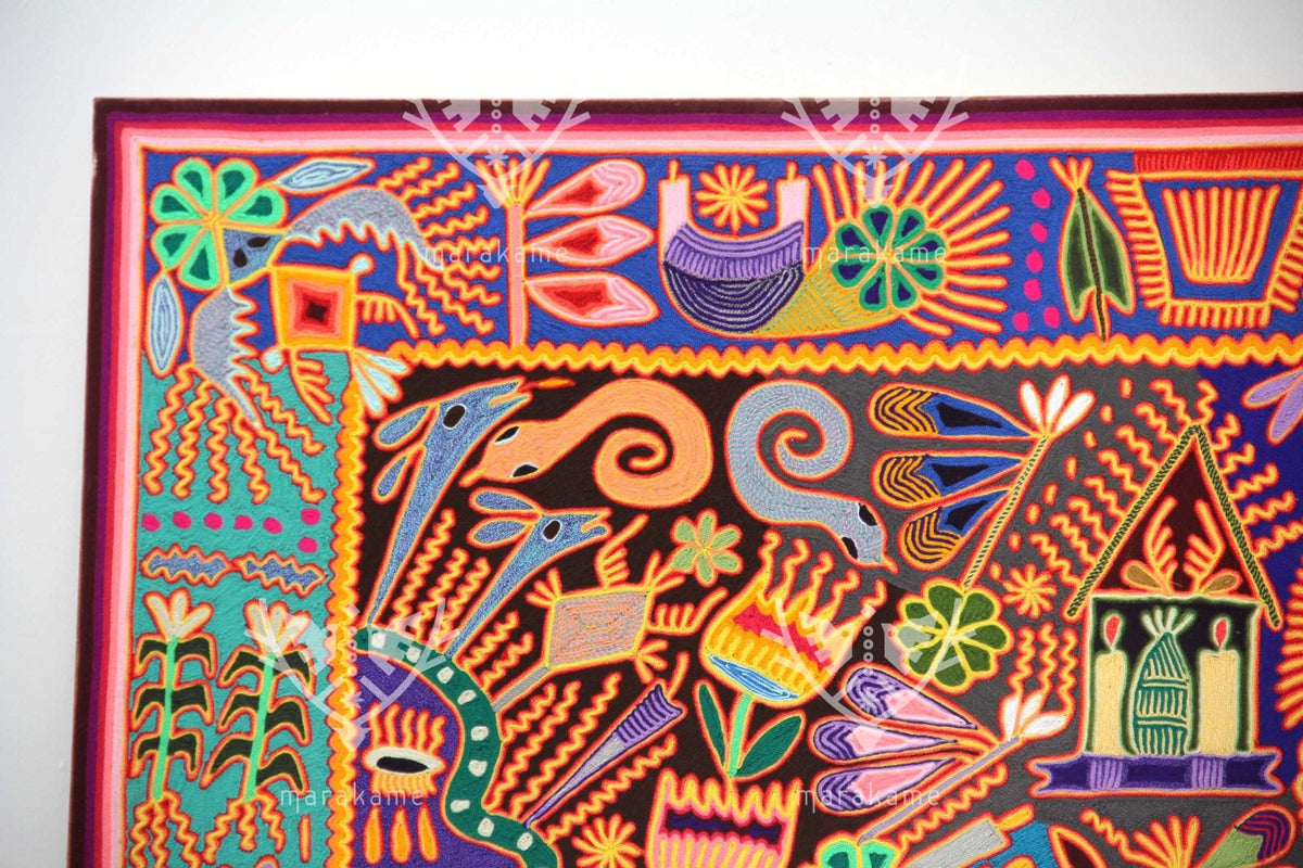 Nierika de Estambre Cuadro Huichol - La Danza del Venado - 150 x 100 cm. - Arte Huichol - Marakame