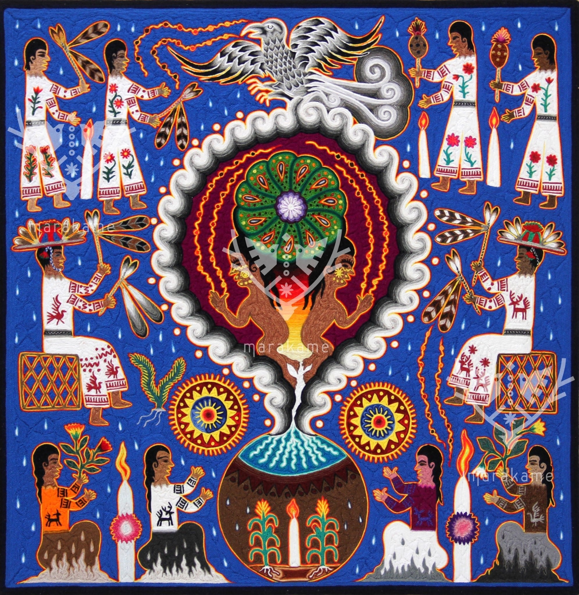 Nierika de Estambre Cuadro Huichol - Las madres de la lluvia - 60 x 60 cm. - Arte Huichol - Marakame