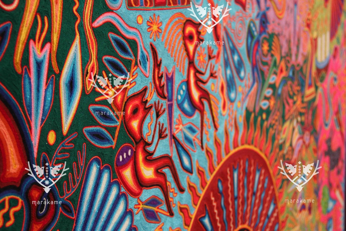 Nierika de Estambre Cuadro Huichol - Los Peregrinos - 200 x 200 cm. - Arte Huichol - Marakame