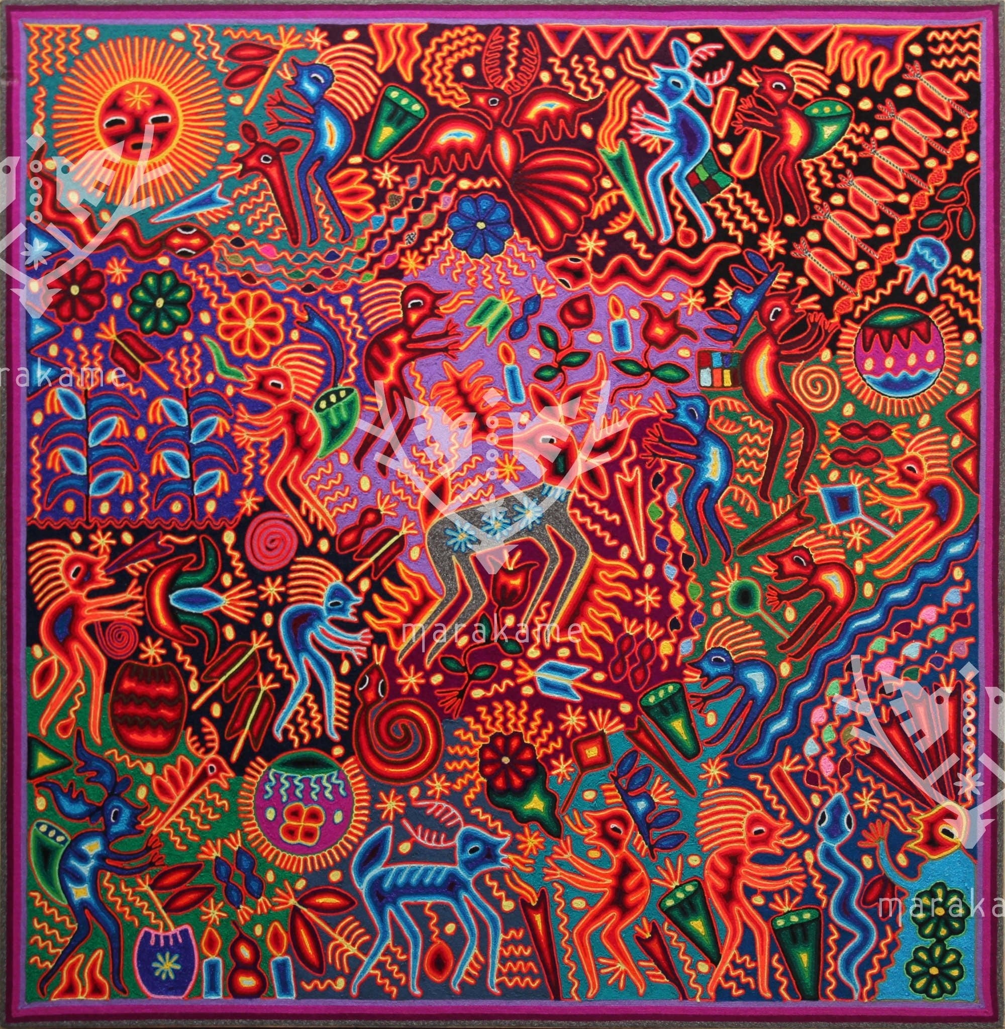 Nierika de Estambre Cuadro Huichol - Maxa kuaxi - 120 x 120 cm. - Arte Huichol - Marakame