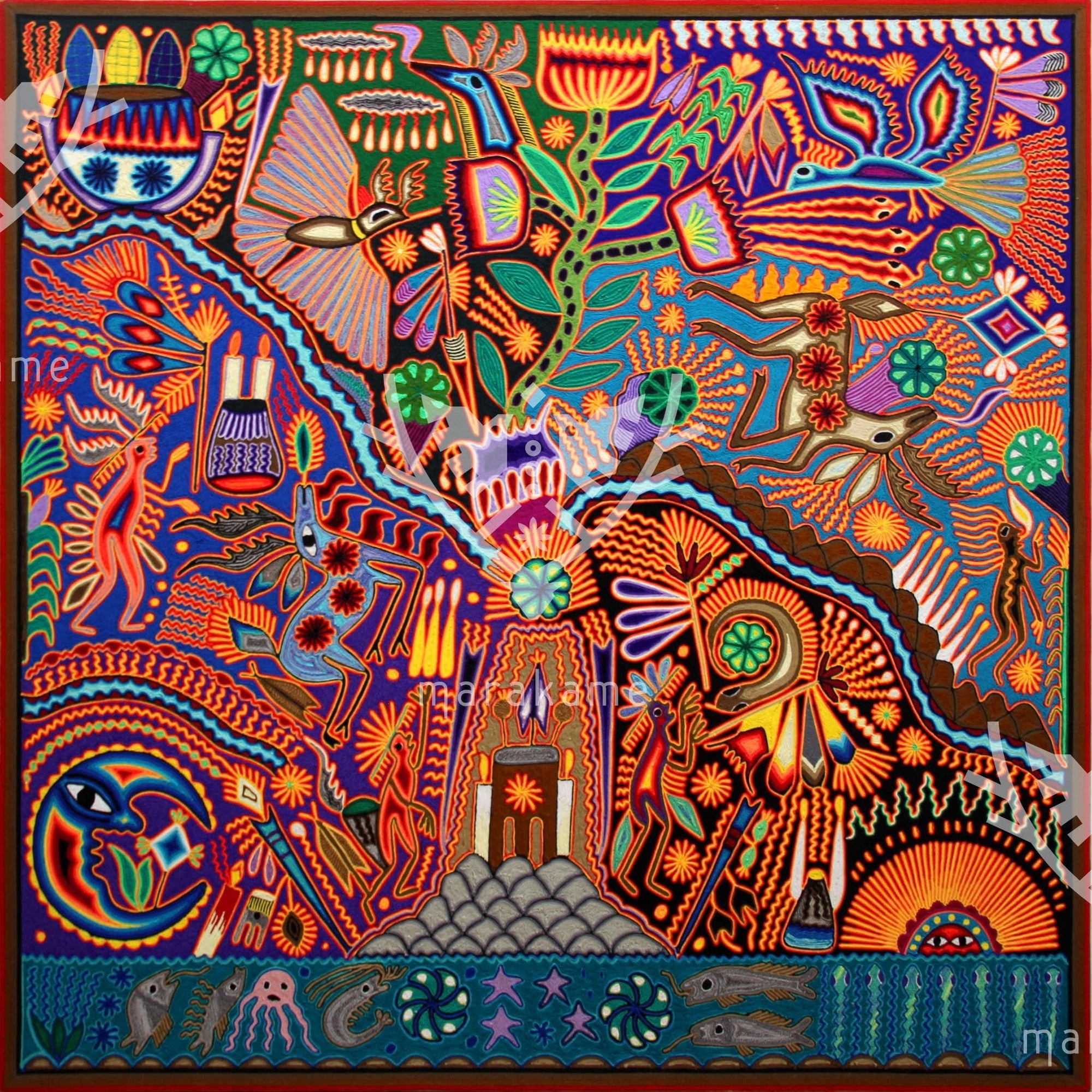 Nierika de Estambre Cuadro Huichol - Uykuri tsimaruni - El Peyote prohibido - 120 x 120 cm. - Arte Huichol - Marakame