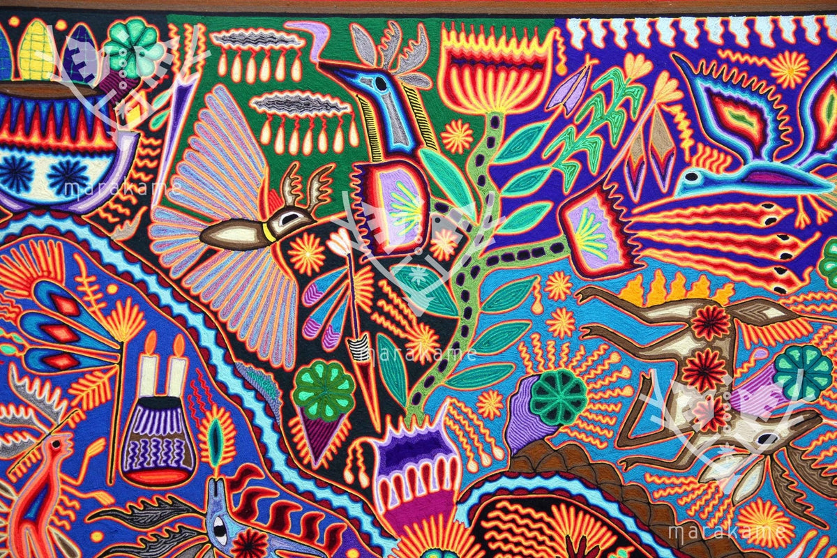 Nierika de Estambre Cuadro Huichol - Uykuri tsimaruni - El Peyote prohibido - 120 x 120 cm. - Arte Huichol - Marakame