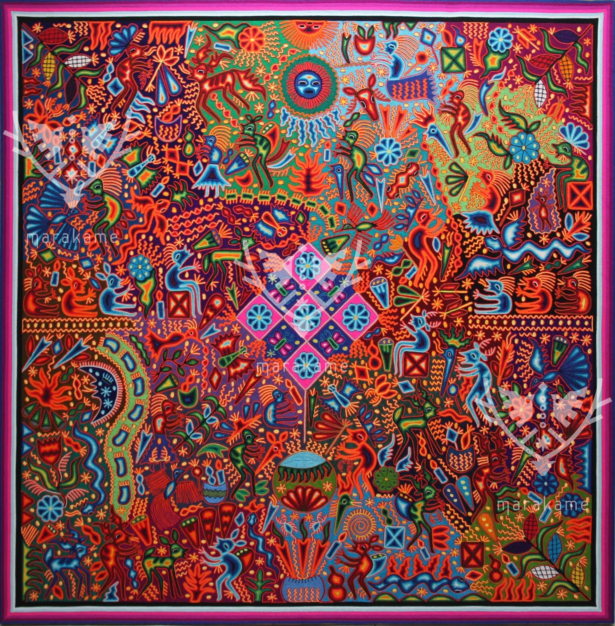 Nierika de Estambre Cuadro Huichol - Wexik+a nierikaya - 200 x 200 cm. - Arte Huichol - Marakame